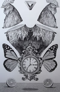 欧美公鸡蝴蝶钟表纹身图案手稿