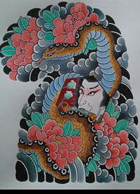 日式蛇牡丹传统纹身图案手稿