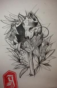 school线条狼纹身图案手稿