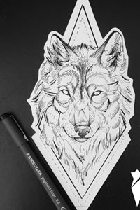 几何线条狼点刺纹身图案手稿