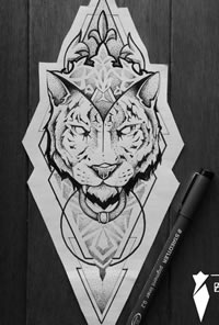 几何老虎点刺纹身图案手稿