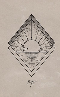 几何线条太阳大海纹身图案手稿