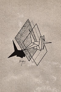 几何线条点刺千纸鹤纹身图案手稿