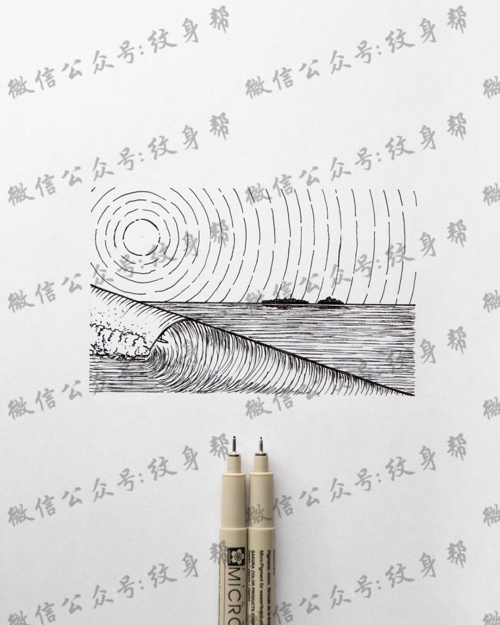 线条大海纹身图案手稿