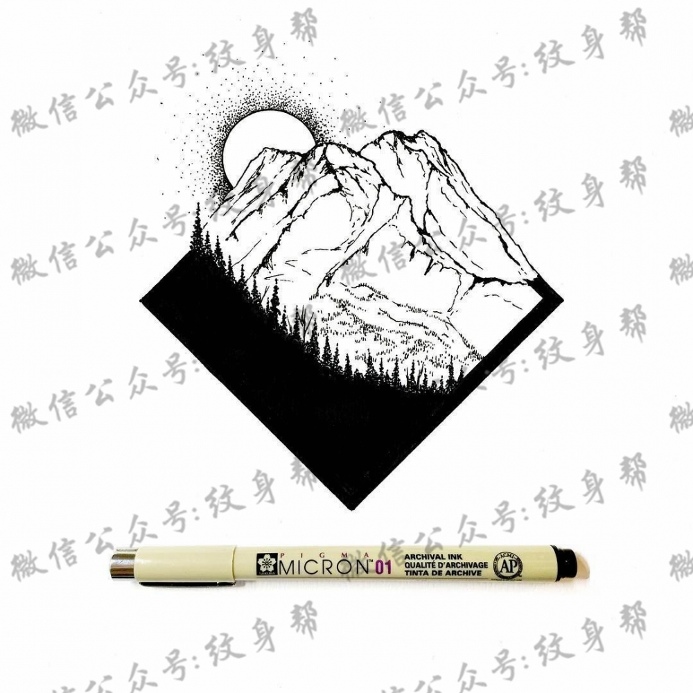 点刺山脉风景纹身图案手稿