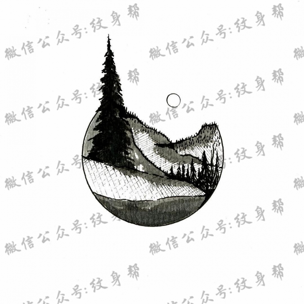 点刺山脉风景纹身图案手稿