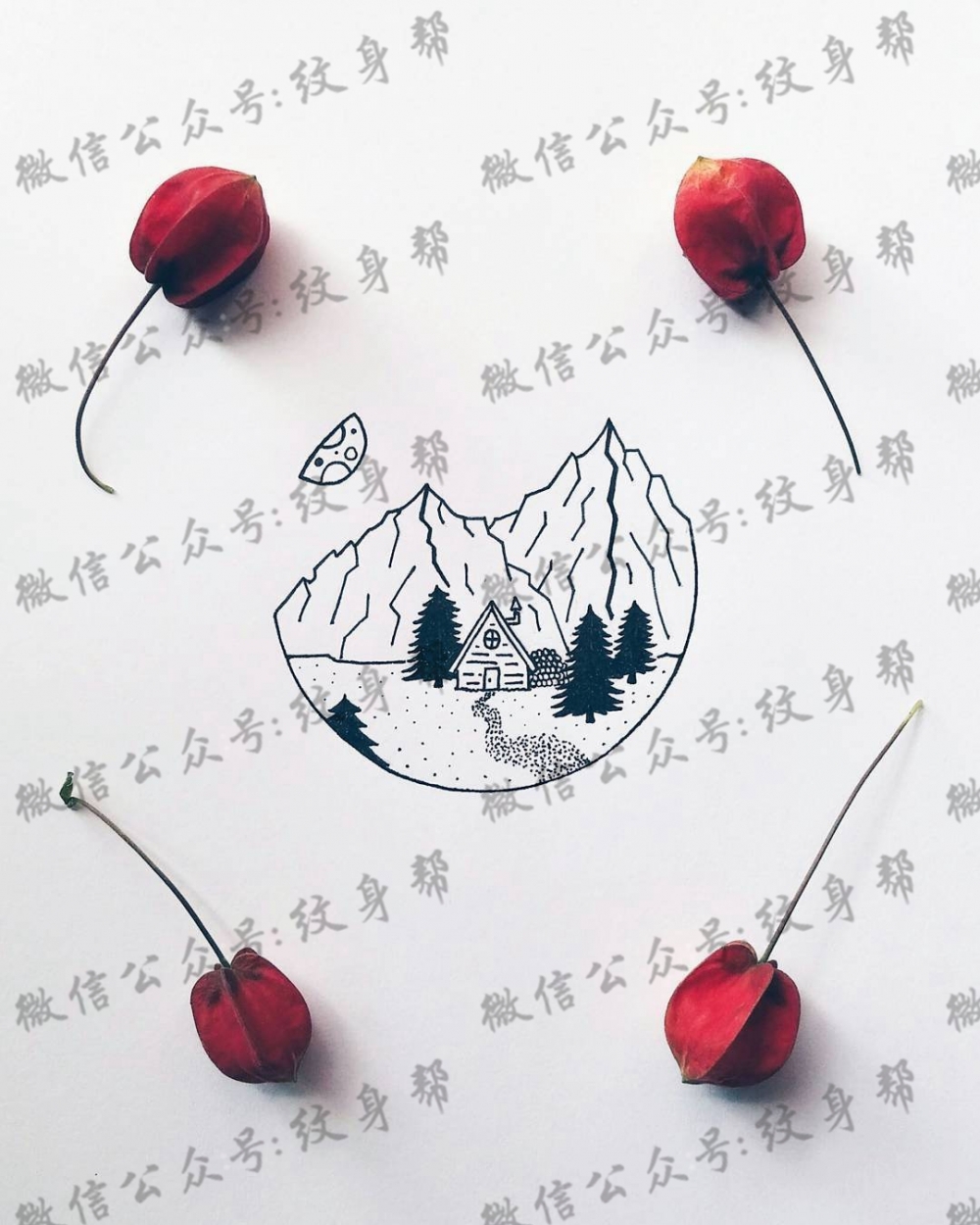 点刺山脉风景纹身图案手稿