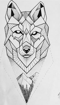 几何点刺线条狐狸纹身图案手稿