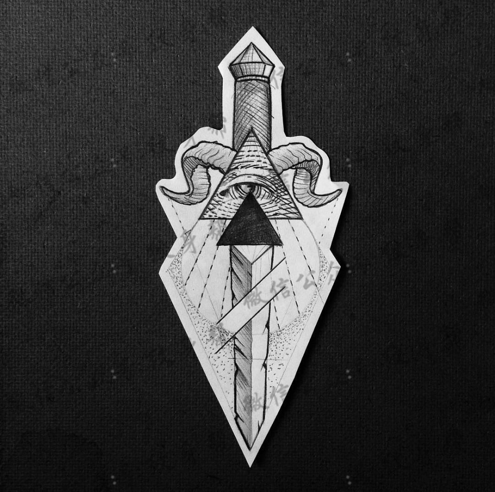 点刺上帝之眼匕首几何线条纹身图案手稿