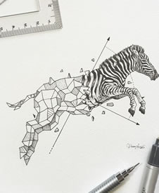 斑马几何点刺线条纹身图案手稿