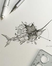 金枪鱼点刺几何线条纹身图案手稿