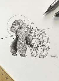 大猩猩点刺几何线条纹身图案手稿