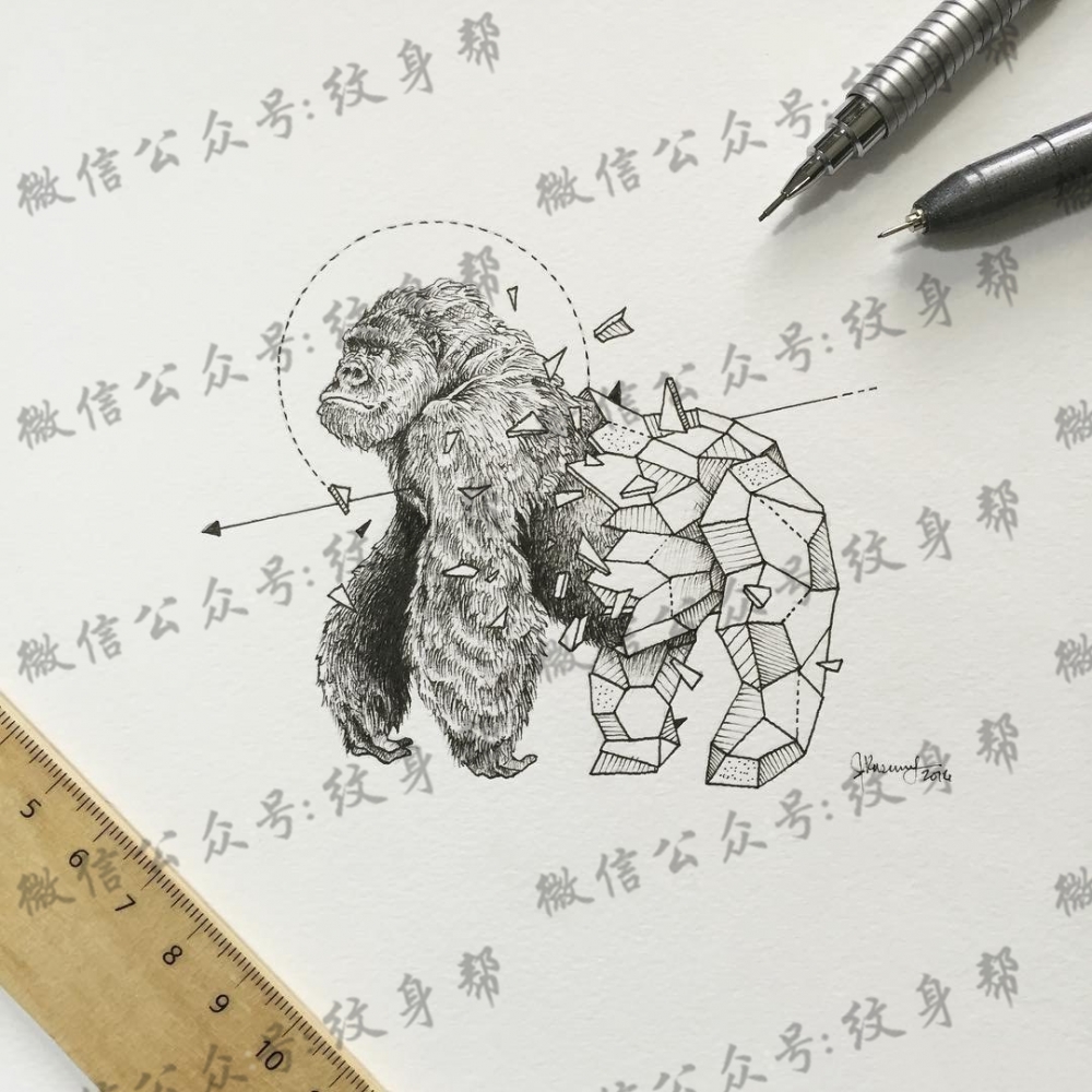 大猩猩点刺几何线条纹身图案手稿