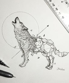 狼点刺几何线条纹身图案手稿