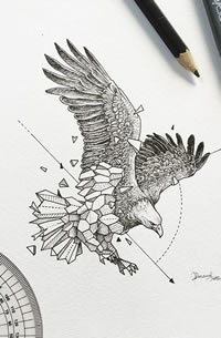 老鹰点刺几何线条纹身图案手稿