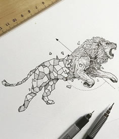 狮子点刺几何线条纹身图案手稿