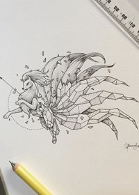 九尾狐点刺几何线条纹身图案手稿