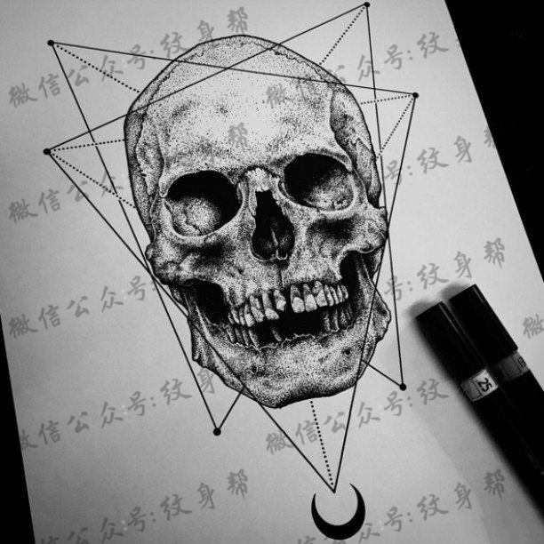 欧美骷髅点刺几何纹身图案手稿
