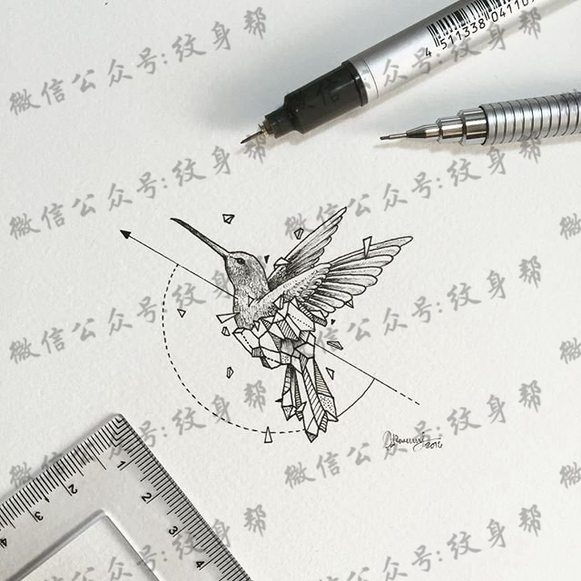 蜂鸟点刺几何线条纹身图案手稿