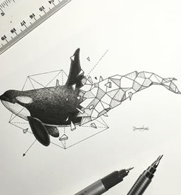 鲸鱼点刺几何线条纹身图案手稿
