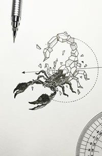蝎子点刺几何线条纹身图案手稿