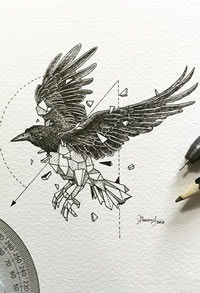 乌鸦点刺几何线条纹身图案手稿