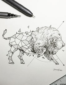 公牛点刺几何线条纹身图案手稿