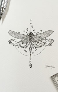 蜻蜓点刺几何线条纹身图案手稿