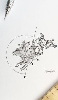 兔子点刺几何线条纹身图案手稿