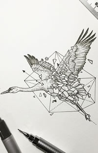 天鹅点刺几何线条纹身图案手稿