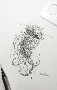 水母点刺几何线条纹身图案手稿