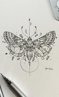 飞蛾点刺几何线条纹身图案手稿