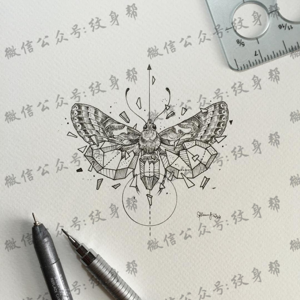 飞蛾点刺几何线条纹身图案手稿