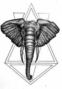 大象点刺几何线条纹身图案手稿