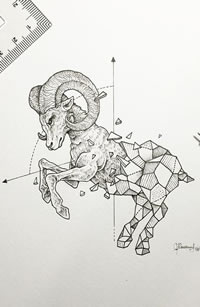 角羊点刺几何线条纹身图案手稿