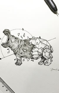 河马点刺几何线条纹身图案手稿