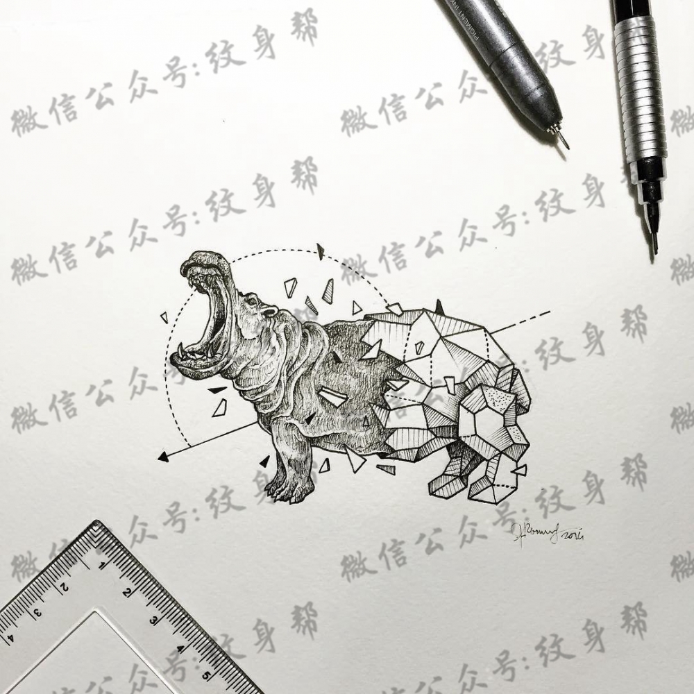 河马点刺几何线条纹身图案手稿