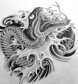 传统浪花蛇纹身图案手稿