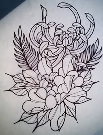 牡丹菊花纹身图案手稿