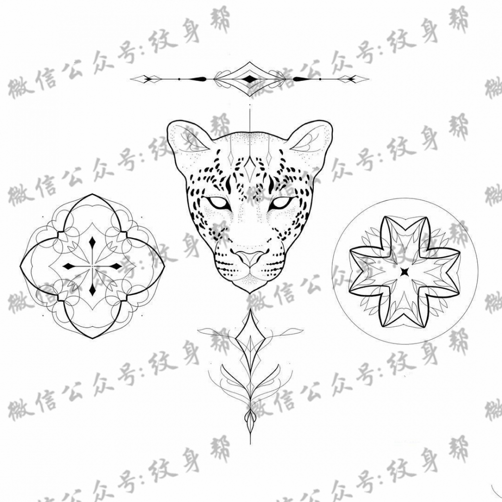 几何线条豹子点刺纹身图案手稿