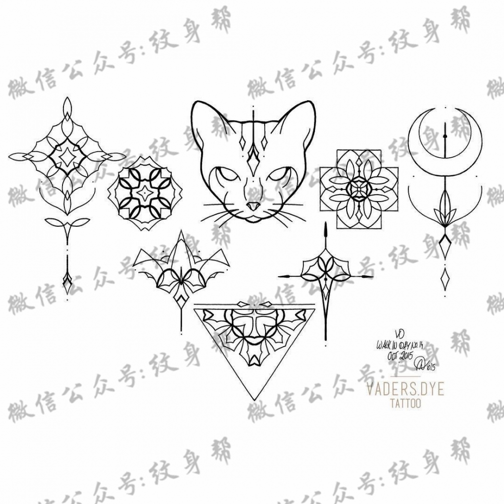 几何线条豹子点刺纹身图案手稿