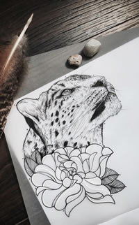 欧美写实豹子花卉纹身图案手稿