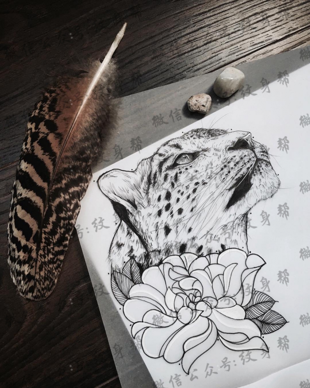 欧美写实豹子花卉纹身图案手稿