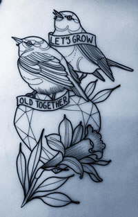 school 爱心 鸟纹身图案手稿