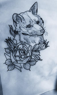 school 狐狸玫瑰纹身图案手稿