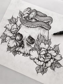 school 骷髅蛇牡丹纹身图案手稿