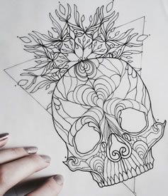 骷髅线条几何纹身图案手稿