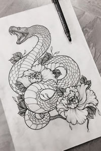 牡丹蛇纹身图案手稿