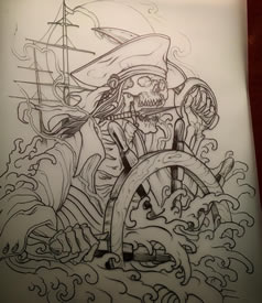 school欧美帆船骷髅船长海浪纹身线条图案手稿