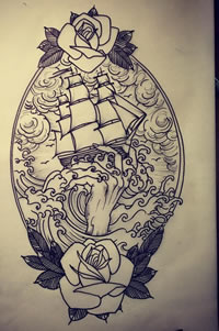 school欧美帆船海浪玫瑰纹身图案手稿